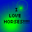 Blue background with green gradient glow and pixelated text reading "I LOVE HORSES!!!!!" in four quadrants.