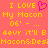 A static pixel art image with a solid coral background displaying yellow text and a pink heart symbol.
