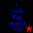 A split-screen digital image displays four variations of the phrase "i rock the world !!!!" with a star symbol, using blue text on contrasting backgrounds.