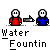 Pixel art animation of two figures with red and blue clothing interacting near a fountain, text "Water Fountin" below each frame.