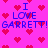 Pixelated pink background with red heart symbols and blue text reading "I LOVE GARRETT!" repeated across the image.