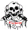 Pixelated skull icon with black eye sockets, nasal cavity, and teeth; red text below the jawline; dark skeletal arms extending from sides.