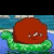 Pixelated cartoon character in green float on water with text asking if they can go swimming, two frames showing slight facial expression change.