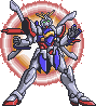 Pixelated mecha with silver armor, blue chest and shoulder accents, red arm/leg details, green eyes, golden head horns; left side shows circular orange-pink aura background.