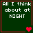 Four identical dark green with red borders display white pixelated text reading 'All I think about at NIGHT' and vary in heart symbols