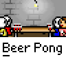 Animated contact sheet of a beer pong game featuring pixelated characters, red cups, and text labels across multiple frames showing gameplay progression.