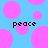 Blue background with pink circles and black text reading 'peace' in two locations.