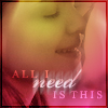 A close-up of a person's face with closed eyes, wearing a red garment, overlaid with text reading 'ALL I need IS THIS' in varying fonts and colors.