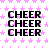 Static image with repeated 'CHEER' text on a pink star-patterned background, featuring a gray rectangular overlay in the bottom-right corner.