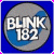 A 50x50 pixel buddy icon split into two sections: left side shows a gray circular logo with blue gradient and white text "BLINK 182" on blue background; right side displays green pixelated text "Original Icons .com" on dark green background.