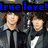 Blue text overlays read "true love! i love joe" and "and nick!" above a of four identical figures in dark jackets with light collars, arranged in two