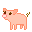 Pixelated pink pig with brown tail and nose, shown in multiple poses including walking, standing, and small size variations.