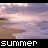 A beach scene with pinkish-purple sky and water, featuring animated text 'summer' in blue and white and heart symbols changing from gray to blue.