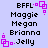 Pixelated text list on light purple background with pink square icons, showing names Maggie Megan Brianna Jelly and BFFL with consistent layout.