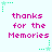 Pixelated text 'thanks for the Memories' repeated in a pattern with green star accents on a light background