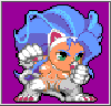 Pixelated character with blue hair, green eyes, and orange skin in multiple poses against purple background.