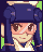 Pixelated character with dark blue headpiece and long hair, wearing white top against green background; two distinct eye states visible.