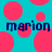 Cyan background with scattered pink circles and dark blue text reading 'marion marion' in pixelated font.