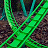 Green and teal chain-link fence pattern with partial text fragments overlaid on a brown textured background.