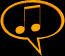 Golden speech bubble icons with musical notes in various states of animation against a black background.
