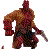 Pixelated figure in dynamic pose holding a weapon, rendered with multicolored blocky pixels against gray background.