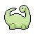Pixelated green dinosaur with black outline, white background border, and small white spots on body.