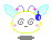 Pixelated character with white face, light blue wings, purple antennae with pink stars, and blue earpiece, showing four distinct facial expressions.