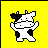 Pixelated cow icon with black and white patches on yellow background, showing two sequential poses.