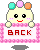 Pixelated character with three colored dots on head holds pink checkered sign reading BACK in red text.