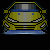 Pixelated yellow car with blue accents and headlights, shown in with varying light effects on the front bumper