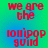 Red pixelated text on a green-to-blue gradient background reads "we are the lomipop guild" in four identical arranged in a