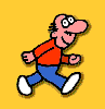Animated sequence of a cartoon character walking across yellow background, showing full stride and partial steps.