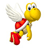 Pixelated yellow bird-like character with white wings, red and white striped torso, and red feet, facing right with wide eyes.