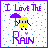 Pixel art icon with purple border showing character in yellow raincoat holding purple umbrella, text "I Love The Rain" on white background with blue dots.