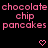 Pixelated pink text on black background with heart and arrow symbols, repeating 'chocolate chip pancakes' in three