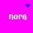 Bright pink background with four white 'nora' text blocks arranged in a , blue pixelated heart and starburst symbols at top center and top right