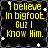 Yellow pixelated text on black background with white stars, reading "I believe In bigfoot Guz I Know Him." in four identical