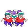 Three cartoon characters in red shirts and purple pants perform synchronized movements with white cards, set against a gray background.