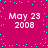 Magenta background with cyan square particles and four identical white text blocks reading 'May 29 2008' arranged in a