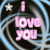 A 50x50 pixel animated buddy icon featuring pink text "I love you" over a swirling blue and gray background with a white star, displayed as two sequential frames in a contact sheet.