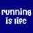 Pixelated text 'running is life' appears in white and orange on a blue background, with the right side showing an animated color shift from white to orange.