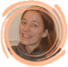 Six circular frames show a person with long brown hair in various poses and angles against a light background, each frame bordered by a swirling orange and black pattern.