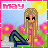 Pixel art contact sheet of a blonde cartoon girl in pink top and dark pants sitting on stone steps with pink flowers, yellow sun, blue sky background across three frames showing subtle pose changes.