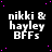 Black background with scattered pink dots, white text reading 'nikki & hayley BFFs' repeated in a pattern across the image