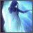 Pixelated image of a figure in flowing blue dress extending arm against light blue gradient background with dark vertical edge on left.