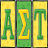 Three vertical panels display stylized green and yellow letterforms against a pixelated background.