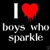 Static pixel art icon with white 'I' and red heart symbol above gray text reading 'boys who sparkle' on black background.