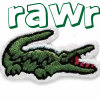 Green crocodile with open mouth and red teeth beneath green-outlined white text reading 'rawr' on white background.