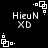 Black background with white pixelated text 'HieuN XD' and four white square-based animation elements in corners.