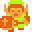 Pixel art character with green hat and shirt, orange hair and skin, holding a shield with an orange cross on gray background.